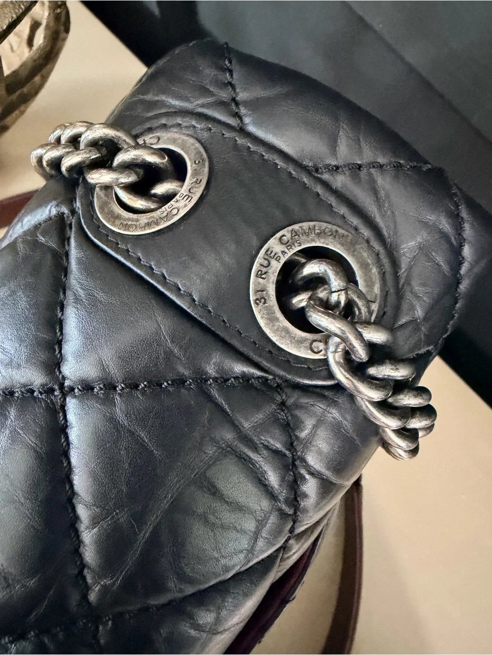Chanel Shoulder Flap Bag Black Quilted Lambskin w/burgundy | Ruthenium Hardware